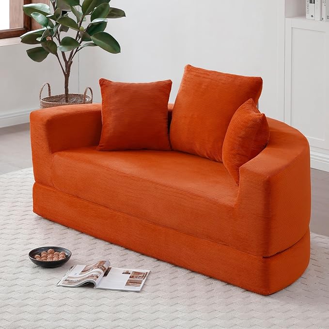 Folding Sofa Bed Corduroy Circular Boneless Couch No Assembly Convertible Sleeper Sofa with 3 Pillow Comfy Futon Sofa Bed for Apartment Office Bedroom Living Room Orange