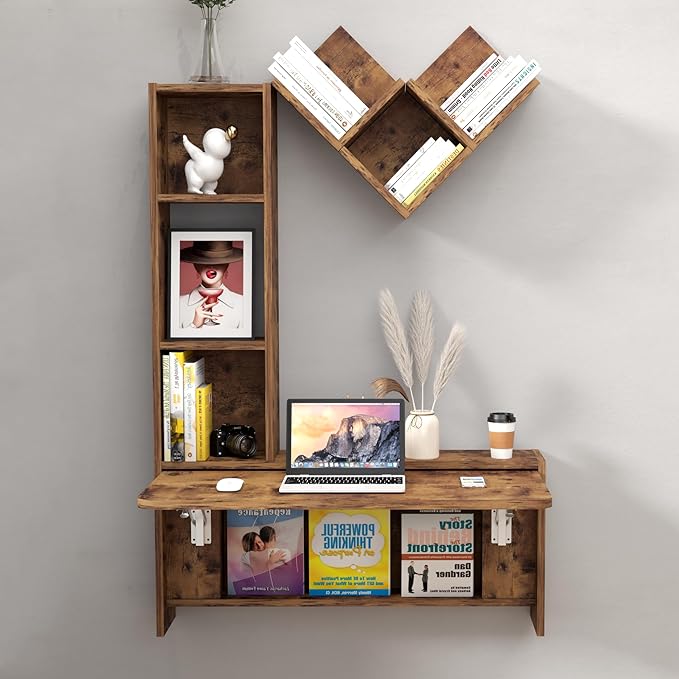 Folding Wall Mounted Drop Leaf Table Foldable Desk with Moveable Cabinets Floating Laptop with Convertible Storage Shelves Multifunctional Computer Workstation in Home for Space Saving