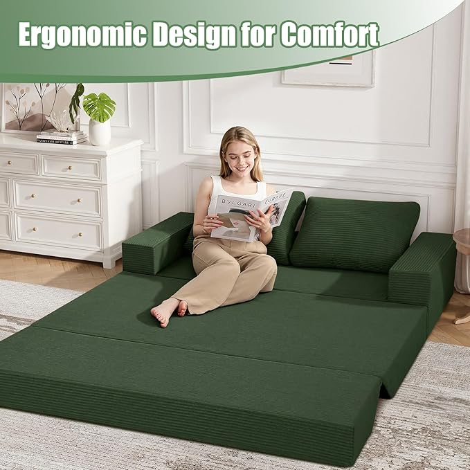 COMAX Convertible Sofa Bed Queen Corduroy Folding Floor Couch Pull Out Couch Bed Futon Sleeper with Pillows Fold Out Boneless Sofa Comfy Lounge Mattress Loveseat for Living Room Bedroom Green