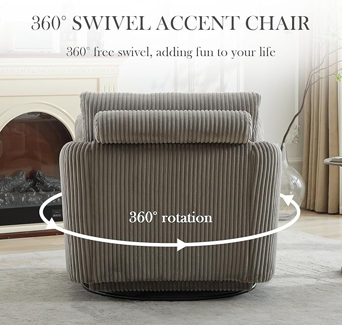 Aoiy &amp Wifon 40.55 W Oversized Swivel Chair with OttomanSwivel Accent Chair with Ottoman for Living Room Corduroy Gray