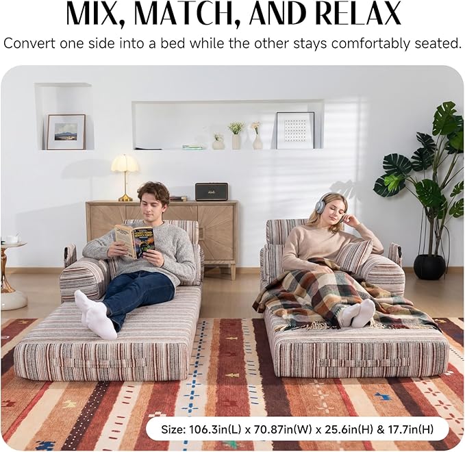 79 Corduroy Sofa Bed Sleeper Couch 6-in-1 Convertible Boneless Floor Futon Loveseat High-Density Foam Couch in a Box with 2 Headrest Pillows No Assembly Red and White