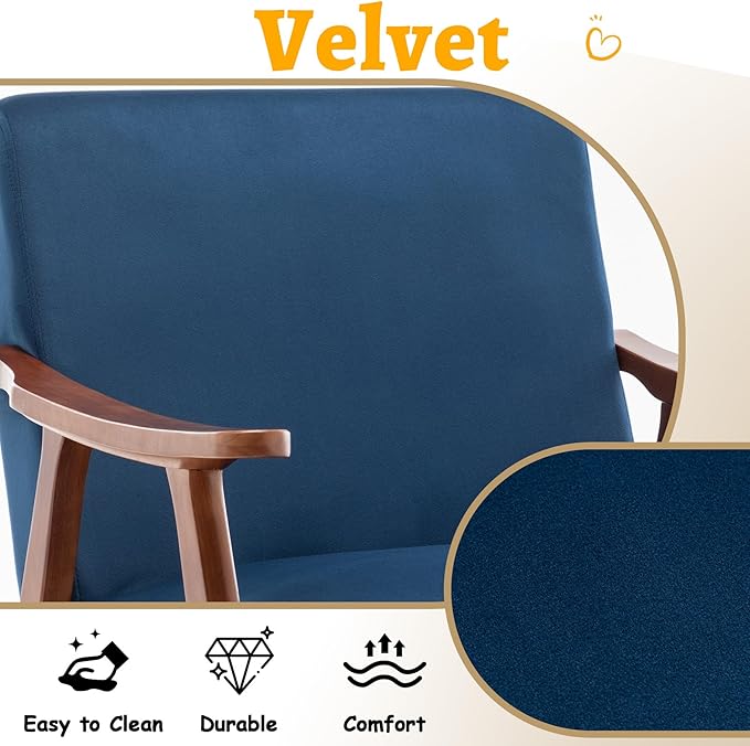 Mid Century Modern Accent Chair Upholstered Armchair Comfy with Wood Legs Siting Chair with Soft Cushion PU Leather Side Chairs for Living Room Bedroom Office (Velvet Dark Blue)