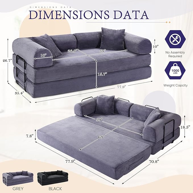 Convertible Folding Sofa Bed Corduroy Sleeper Mattress Couch with Fixed-Shape Frame Free Combination Loveseat Lounge Floor Sofa Queen Size Memory Foam Couch for Living Room Bedroom Ash Grey