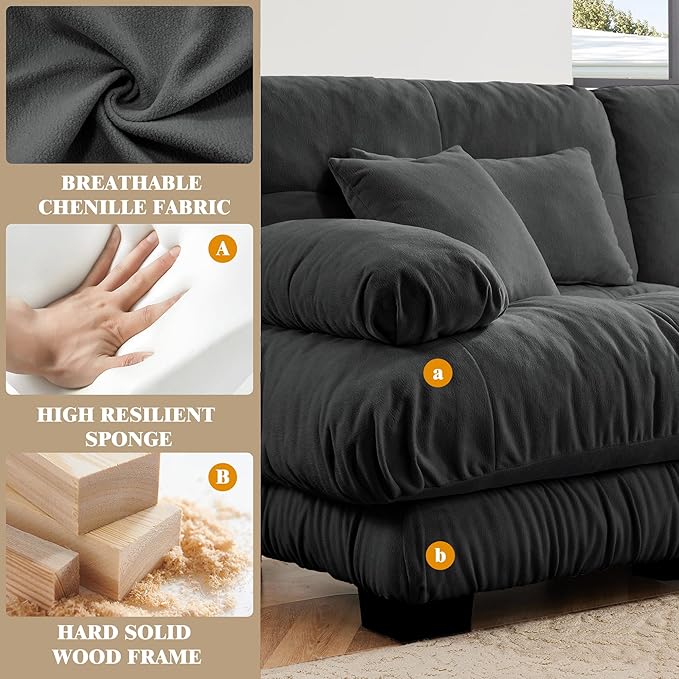Oversized Modular Velvet Sectional Cloud Sofa Couch with Movable OttomanCorner Sofa with Comfortable Armrests Deep Seat Convertible L or U Shaped Couch (Gray 3 Seat)
