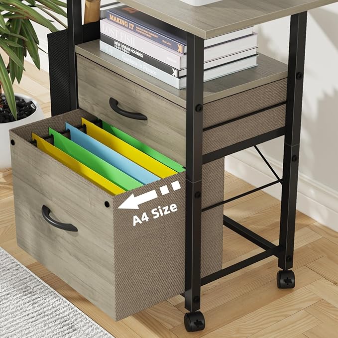 GYIIYUO 2 Drawer File Cabinet with 24'' Extended Desktop Mobile Filing Cabinet Rolling File Cabinet with Side Bag Fabric Drawer Fits A4/Letter Size Printer Stand Home Office Oak Grey