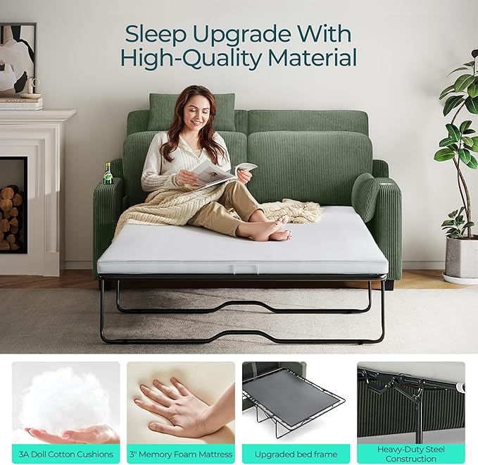 LINSY HOME Pull Out Sofa Bed - Convertible Loveseat Sleeper Sofa Upgraded Bed Frame Pullout Couch - USB Charging &amp Cup Holders Corduroy Sofa Bed for Living Room Small Space Queen Size (Green)