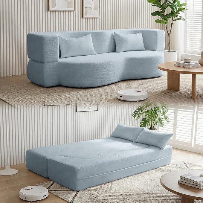 78.35 Modern 2-in-1 Convertible Curved Loveseat Sofa Bed Floor Love Seat Couch Teddy Fabric Memory Foam Cloud Couch with 2 Pillows No Assembly for Living Room Apartment Small Space (Blue)