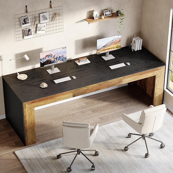 Tribesigns 78.7-Inch Long Computer Desk for 2 People Farmhouse Executive Desk with Wooden Desktop and Legs Large Workstations Writing Table Gaming Table for Home Office Heavy Duty Black + Brown