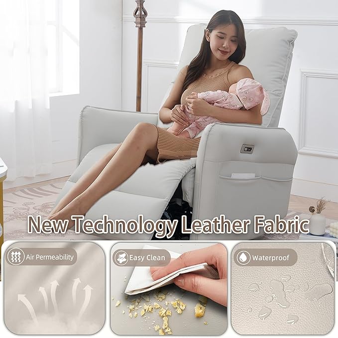 Power Swivel Rocker Recliner Chair for Nursery Upholstered 270° Swivel Glider Rocker Chair with USB Ports Small Power Recliners for Small Spaces Living Room (Light Grey)