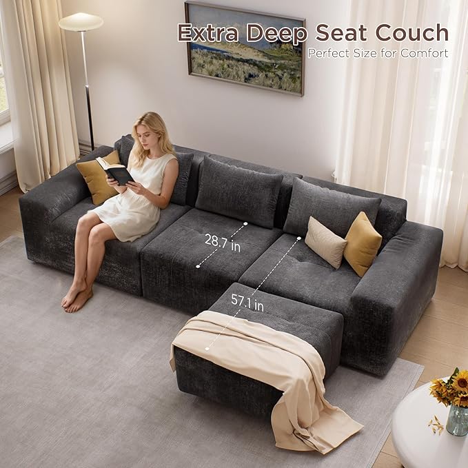 Maupvit 108 Modular Sectional Sofa Modern Cloud Couch L-Shaped Convertible Sleeper Sofa Bed with Movable Ottoman Deep Seat Boneless Comfy 3 Seater Couches for Living Room Grey | Breathable materia