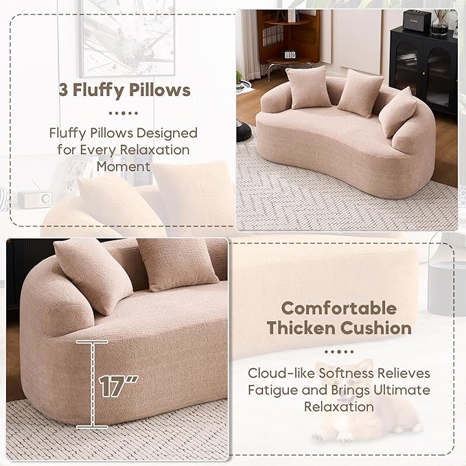 Loveseat Sectional Sofa for Living Room 65 Modern Luxury Plush Chenille Sofa Extra Deep Seat Curved Cloud Floor Couch with 3 Throw Pillows for Small Spaces Warm Beige