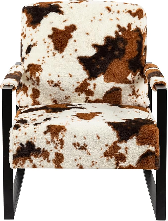 GIA Mid Century Modern Accent Chair Upholstered in Faux Fur Armchair with Black Metal Basefor Living Room Bedroom Home Office Set of 2 Brown Cow Print