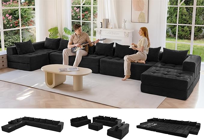 MAXYOYO Modular Sectional Sofa Couch Foldable Oversized U Shaped Cloud Couch with Pillows Tufted Boneless Sleeper Lounger Floor Sofa Bed for Living Room No Assembly Required Black