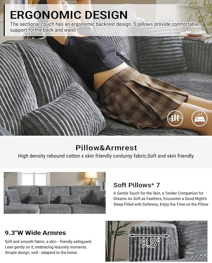 110 Cloud Sectional Couch Modular Sectional Sofa with Deep Seat Corduroy Upholstered Boneless Couch for Living Room Bedroom Left Facing Chaise (Grey 110 Right Facing Chaise)