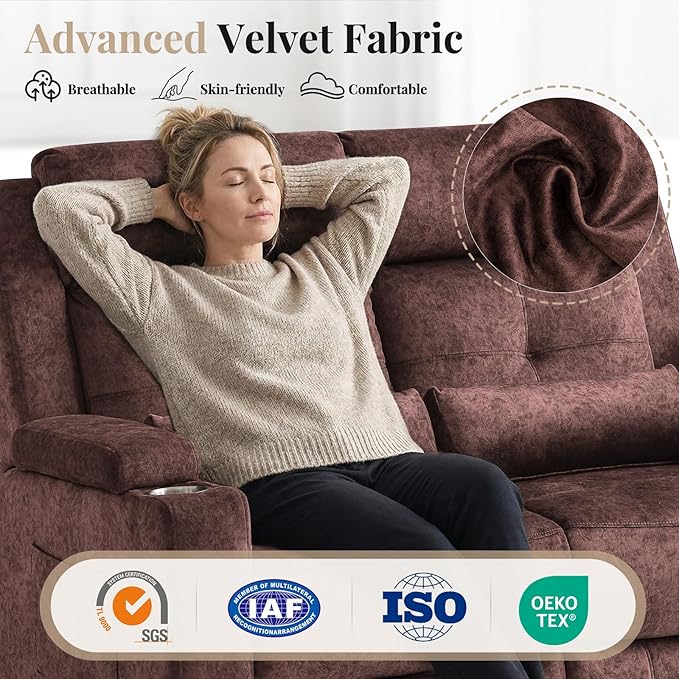 Power Reclining Loveseat Sofa Velvet Loveseat Recliner Sofa Couch with LED Light//Hidden StorageRV Wall Hugger Double Recliner for Living Room (Brown No Console) | LED Light Hidden Storage