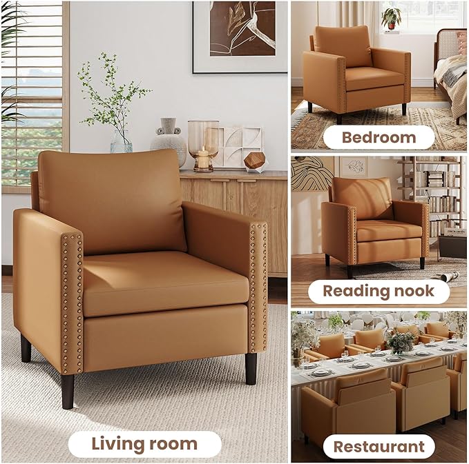 Modern PU Leather Accent Chair Mid-Century Armchair for Living Room Comfy Upholstered Reading Accent Chairs for Bedroom and Office Single Sofa Chair with Wood Legs (Brown 1 Pack)