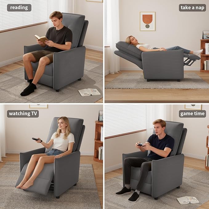 Manual Recliner Chair for Adult Velvet Reclining Chair with Chunky Cushion for Small Space Comfortable Reclining Sofa for Living Room Bedroom Home Theater Easy Assembly (Dark Gray)
