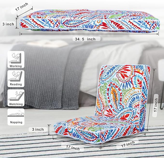 JMGBird Floor Chair with Back Support - Adjustable 5-Position Gaming Chair Waterproof Paisley Pattern Indoor Outdoor Meditation Cushion
