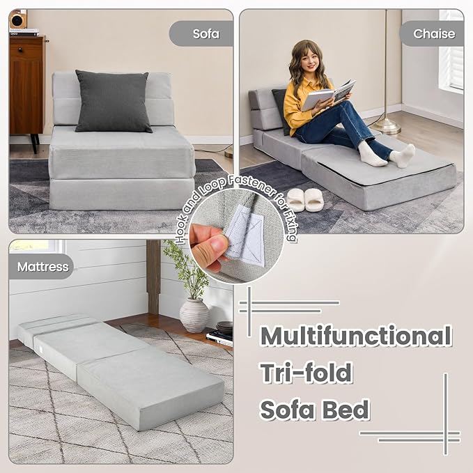 KOMFOTT Tri Folding Sofa Bed Convertible Sleeper Chair Bed 6 Inch Breathable High-Density Foam Futon Floor Couch Sleeping Mattress Portable Guest Bed Lazy Couch with Removable &amp Washable Cover