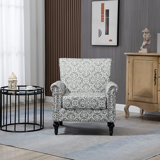Mid-Century Modern Accent Chair Linen Armchair w/Tufted Back/Wood Legs Upholstered Lounge Arm Chair Single Sofa for Living Room Bedroom Grey