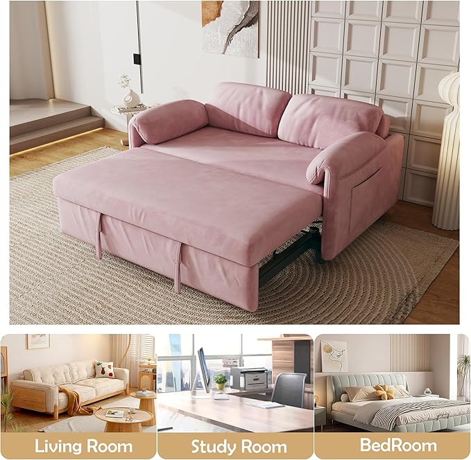 KEIKI 3 in 1 Full Pull Out Sofa Bed with Adjustable Backrest &amp Side Storage Pockets Velvet Recliner Lounge Sofa for Small Living Spaces Pink