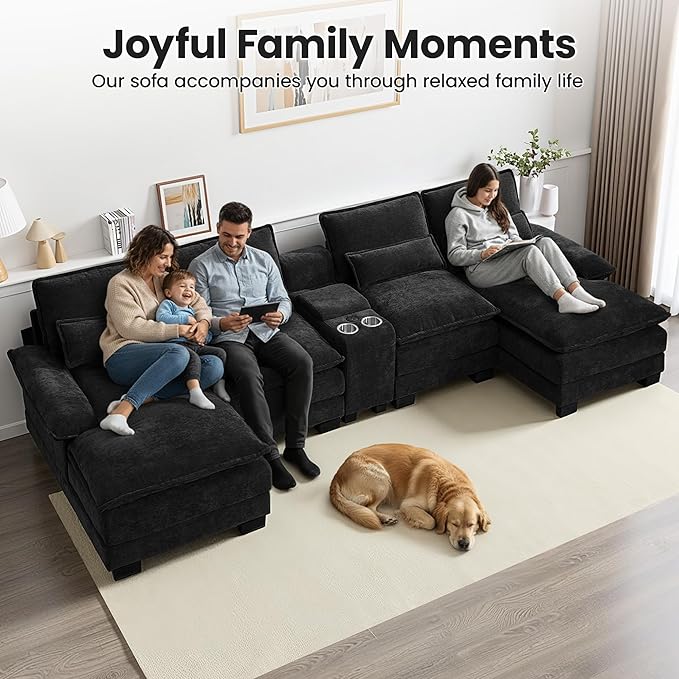 125 U Shaped Cloud Modular Sectional Couch for Living Room Small Comfy Chenille Sofa with Double Chaise Lounge Storage Central Console Cup Holders USB PortBlack