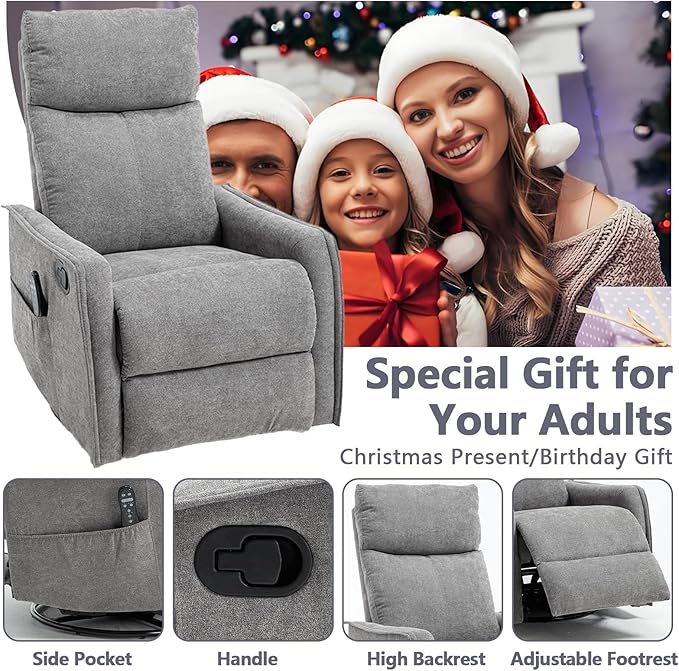 Massage Chair Recliner with Heat Swivel Rocking Chair Recliner with High Back Manual Nursery Recliners for AdultsSmall Recliner Chair for Small Spaces Living Room Bedroom Fabric (Light Grey)
