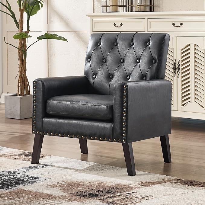Mid Century Modern Accent Chair Black Faux Leather Office Chair for Reception - Tufted Leather Club Chair for Living Room Bedroom or Waiting Room