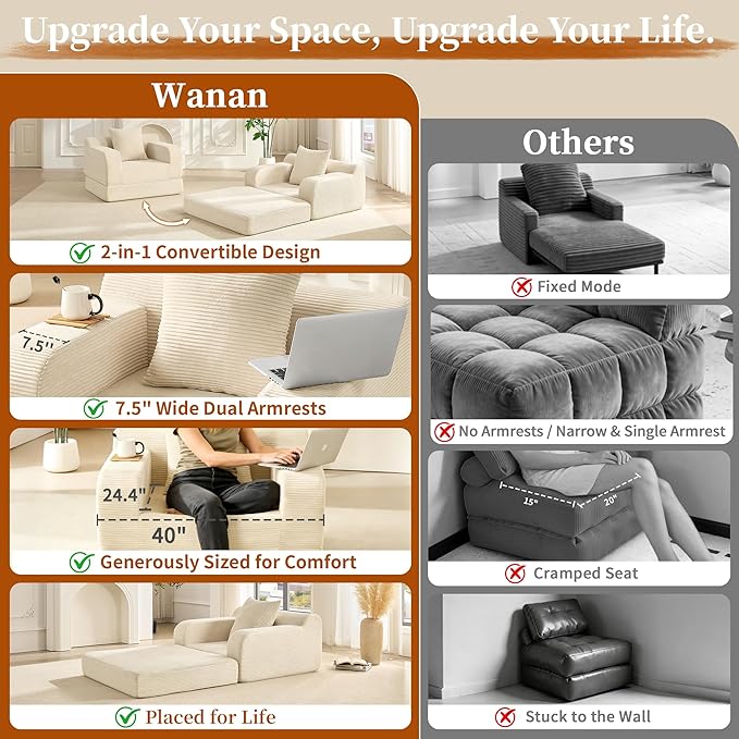 wanan 40 W Folding Sofa Bed 2-in-1 Convertible Bed Sofa to Boneless Sleeper Chair for Adult Comfy Armchair with Back Support Armrests and Pillow for Living Room Bedroom Single Beige | Easy-Conv