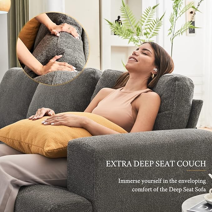 VanAcc 89 Inch Sofa 3 Seater Sofa with Extra Deep Seats Modern Couch- Comfy Couch for Living Room Apartment Lounge Grey Chenille