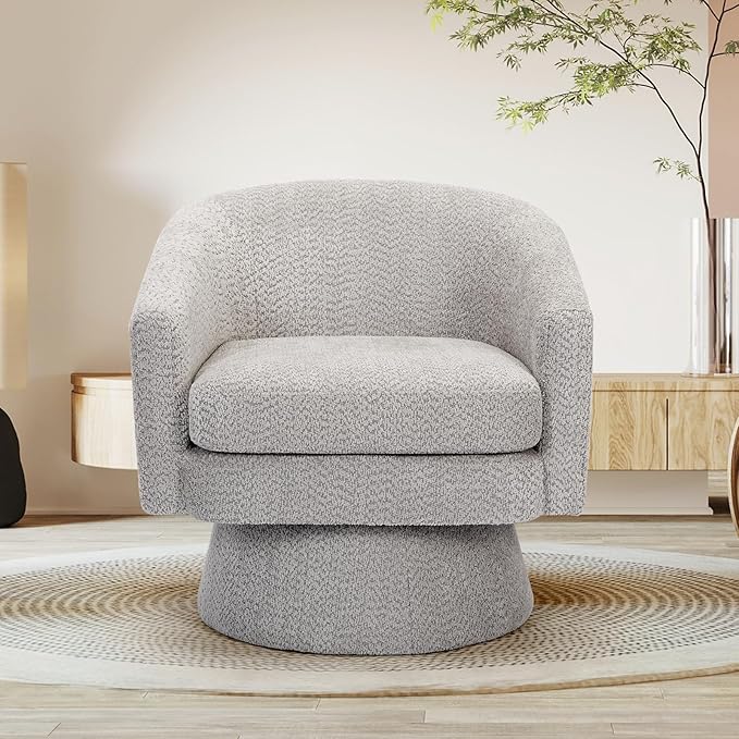 360° Swivel Accent Chair with Arms Comfy Round Armchair with Curved Back &amp Soft Cushion in Chenille Fabric for Living Room Bedroom Office