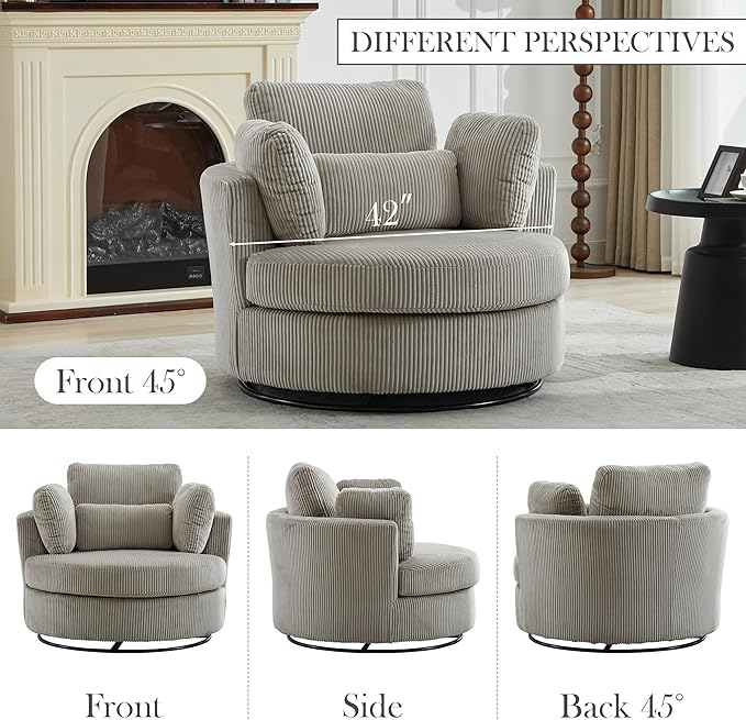 Aoiy &amp Wifon 42 W Oversized Swivel Accent Chair Upholstered Round Barrel Chair Corduroy Light Gray