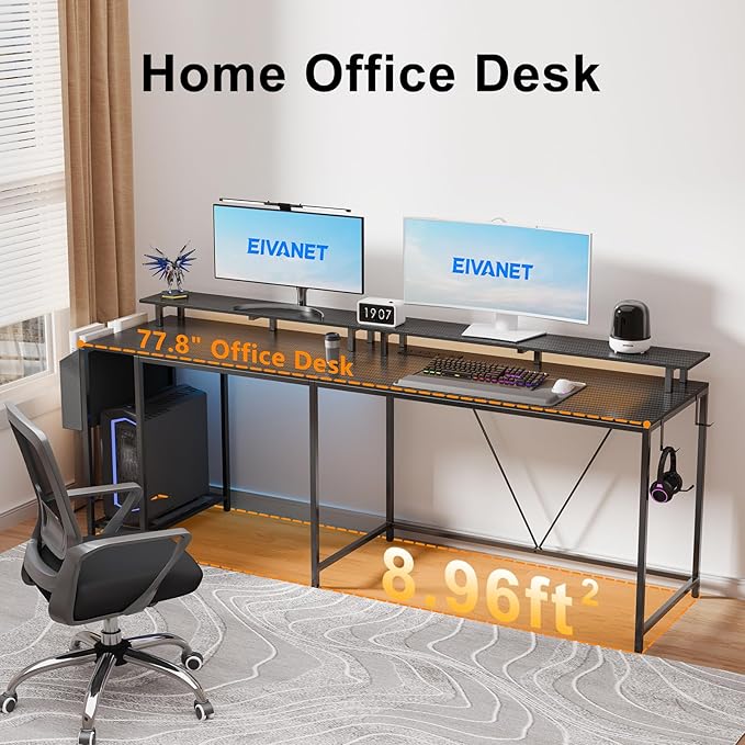 L Shaped Gaming Desk with Power Outlets &amp LED Lights 53 inch Corner Computer Desk with Monitor Stand and Storage Bag Home Office Desk Table for Bedroom Dual Workstation Carbon Fiber Black