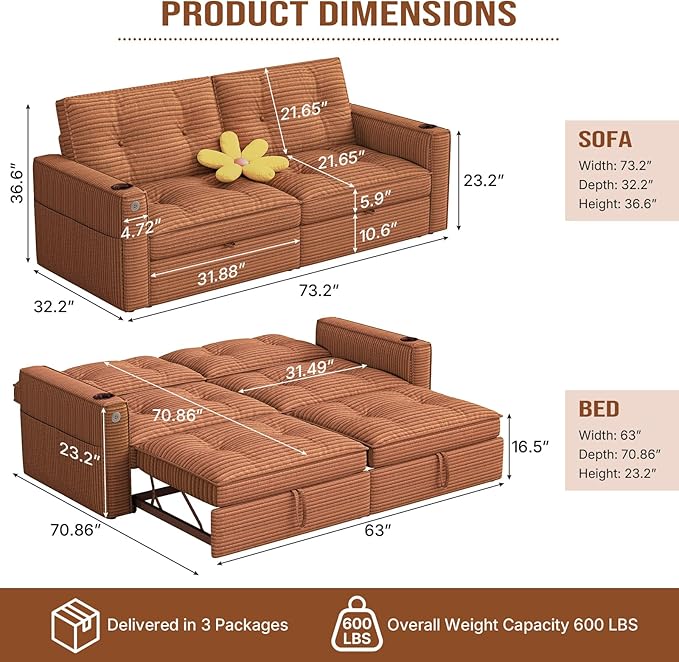 Rovibek 73.2 Convertible Sofa Bed Pull Out Couch with USB Charging Port &amp Cup Holders Adjustable Backrest Side Pockets Modern Corduroy Sleeper Sofa for Living Room Bedroom Apartment Orange