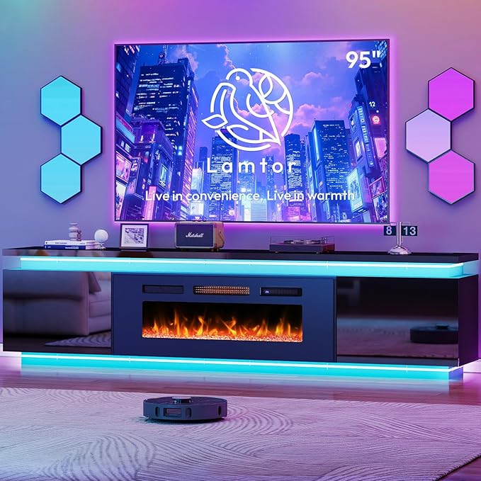 Fireplace TV-Stand with 40 Fireplace - 2 LED fire Place TV Stand for 90 95 Inch TVs - Entertainment Center with 4 AC Power Outlets - TV Consoles Stand for Living Room Gloss Black