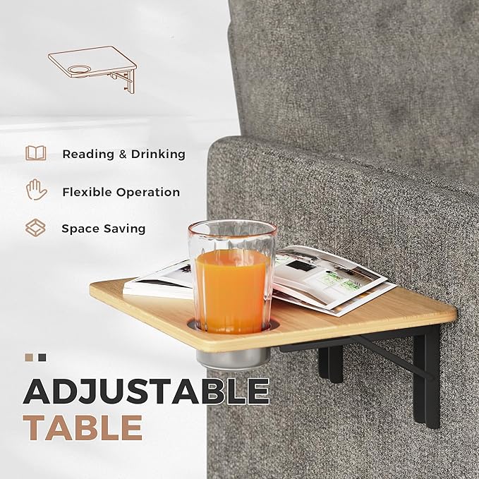 Chenille Accent Chair Mid Century Modern Arm Chair with Foldable Wooden Side Table &amp Cup Holder - Comfy Reading Chair for BedroomLiving Room ChairsSingle Sofa ChairDark Grey