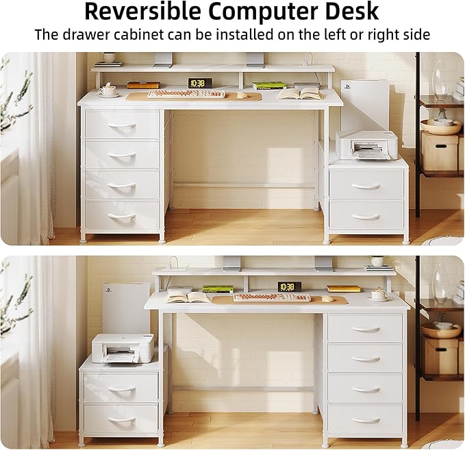 Flrrtenv 52 Inch Office Desk with 6 Drawers and Printer Space for Storage Reversible Computer Desk with Monitor Stand &amp Power Outlets Home Office Desks White