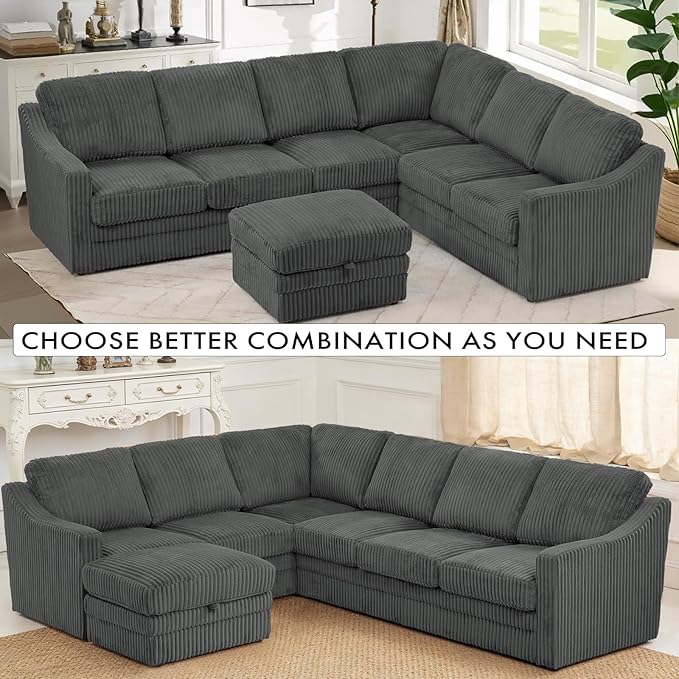 115 Corduroy Sectional Sofa with Storage Ottoman Modern 7 Seats Corner Couch with Deep Seat Comfy Modular U Shaped Couch with Comfortable Cushions for Living Room Grey