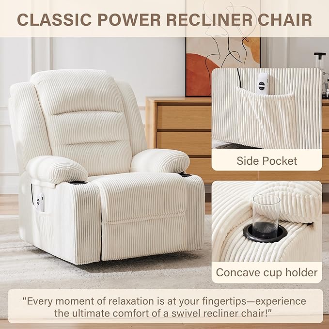 Power Recliner Chair with Cup Holders Electric Recliner Chair for Adults Living Room Reclining Chair Home Theater Seating Lounge Chair (1 Stripe White)