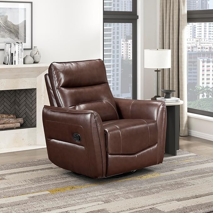 Lexicon Swivel Glider Reclining Chair Top Grain Leather Match Manual Recliner Comfy Nursery Glider Recliner Swivel Reclining Chair for Living Room/Office/Bedroom/Apartment Brown