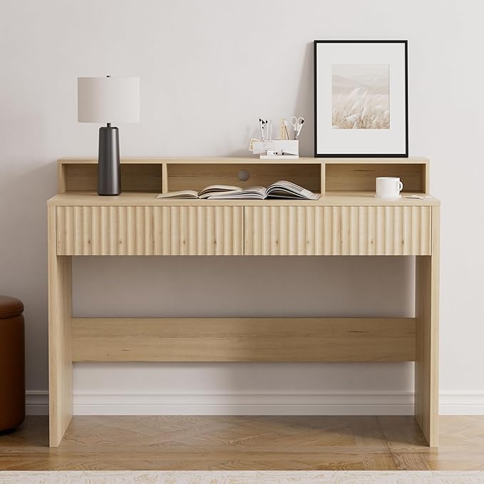 Fluted Executive Desk with Storage Shelf 47 Modern Wood Home Office Desk with Long Monitor Stand &amp 2 Drawers Writing Study Computer Table Vanity Desks Light Oak