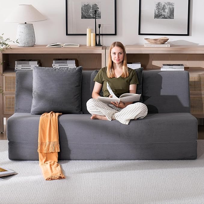 Folding Sofa Bed Convertible Sleeper Chair with Pillows High Support Memory Foam &amp Soft Corduroy Fbric Comfy Couch Bed Floor Loveseat Couch for Living Room Apartment Guest RoomGrey