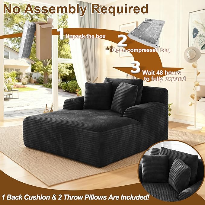 Avenix 66 Boneless Oversized Chaise Lounge Chairs Indoor Boneless Oversized Chaise Lounges Indoor Boneless Oversized Reading Chairs Cloud Sleeper Sofa Couch Bed with 3 Pillows for Living RoomBlack