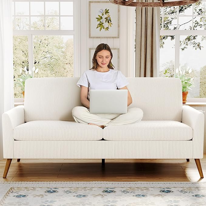 68 Loveseat Sofa Comfy White Corduroy Couches for Living Room Mid Century Modern Love Seat Sofa Tool-Free Setup Small Couches for Bedroom Office
