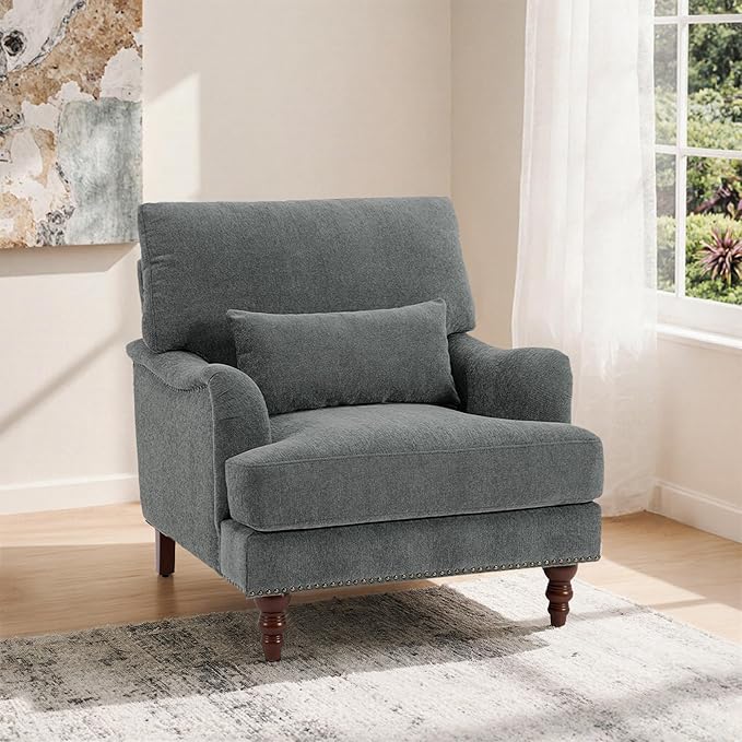 Mid-Century Modern Accent Chair Upholstered Chenille Arm Chair with Wood Frame &amp Pillow for Living Room Bedroom Comfy High-Resilient Sponge Reading Lounge Sofa Chair for Small Spaces