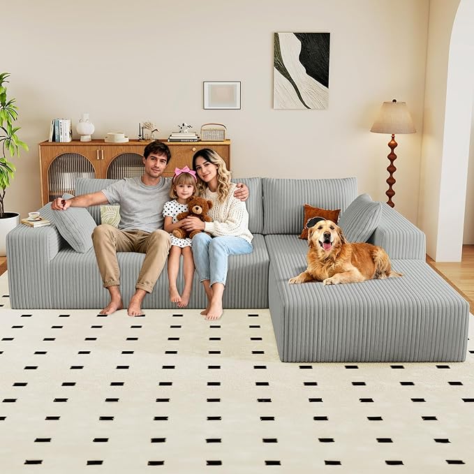96 Modular Sectional Couch Boneless L Shaped Cloud Sofa with Chaise Lounge Corduroy Upholstered Couches Memory Foam Deep Seat No Assembly Required Ideal for Living Room(Light Gray Right Facing)