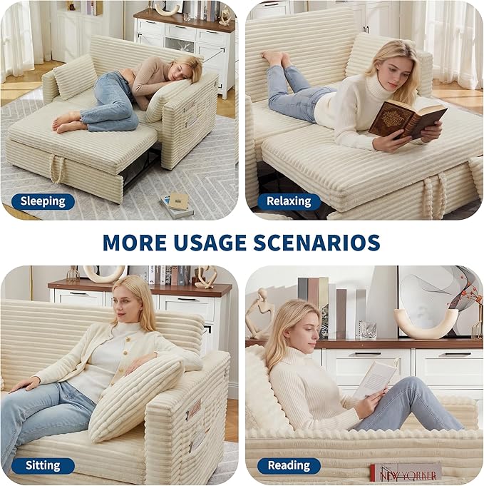 Loveseat Sleeper Sofa Bed 55'' Pull Out Couch with Adjustable Backrest Charging Station and Side Pockets Corduroy Couches for Living Room Bedroom and Apartment White