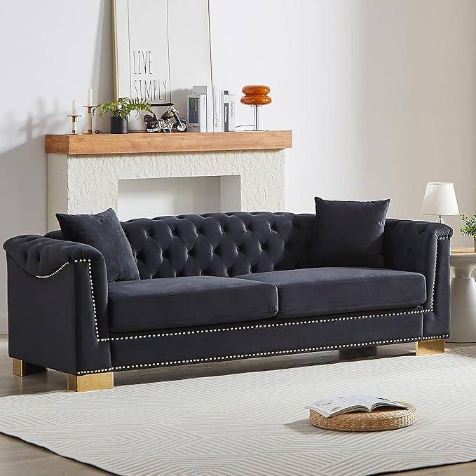KEIKI 84 Chesterfield Sofa Upholstered 3 Seat Couch with Rolled Arm for Living Room Bedroom Office Black