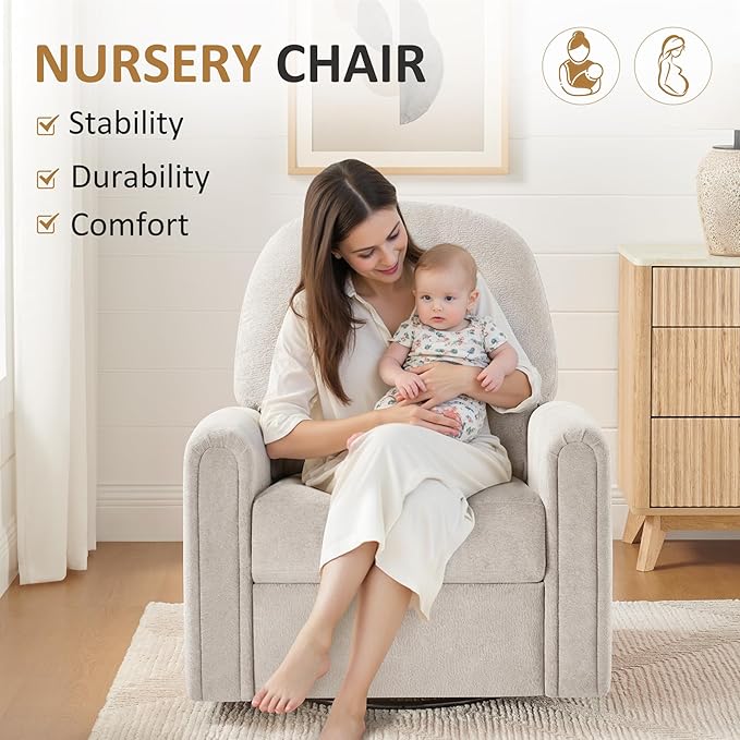 VANOMi 360 Swivel Rocker Recliner Chair Nursery Rocking Chair with Tufted Backrest Manual Recliner Chairs for Small Spaces Upholstered Glider Nursing Chair for Living Room Bedroom (Camel)