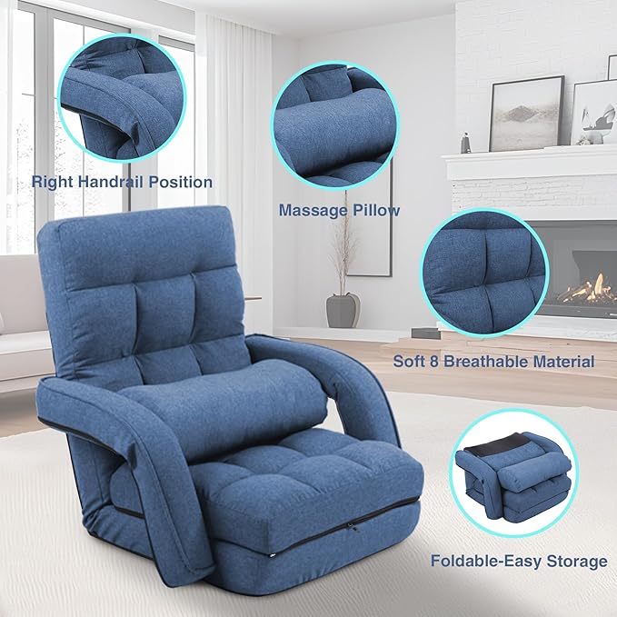 Adjustable Floor Chair for Adults with Back Suppor5-Position Folding Lazy Sofa with Pillow Gaming &amp Meditation Chair with Breathable Fabric - for Living Room Bedroom OfficeBalcony (Blue)
